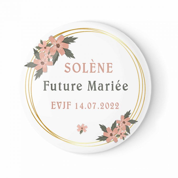 EVJF badge motif fleur et feuille sur anneau doré